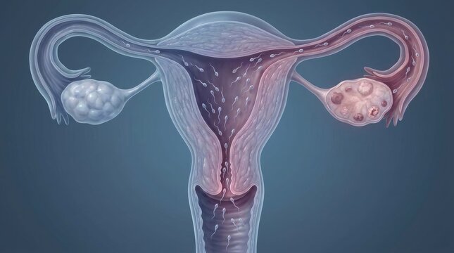 Biological life genesis: human reproduce, journey female, system view, sperm navigate, fertilize process, embryo develop, internal realistic, ovum cell, uterine anatomy, nascent growth.