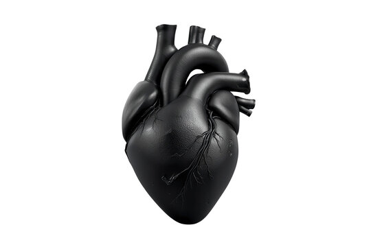 Textured black anatomical heart with visible surface vessels