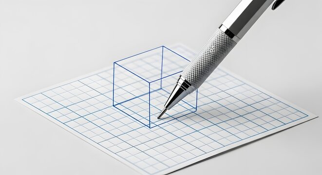 Precision Drawing of Transparent Cube on Grid Paper.