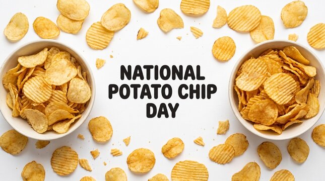 National Potato Chip Day celebration banner. Crunchy golden potato chips in bowls on white background. Salty snack food concept.