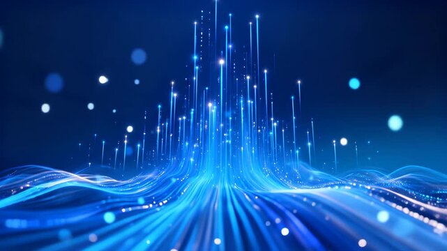 Abstract blue digital data stream background featuring glowing fiber optic cables and vertical light trails representing high speed internet and connectivity