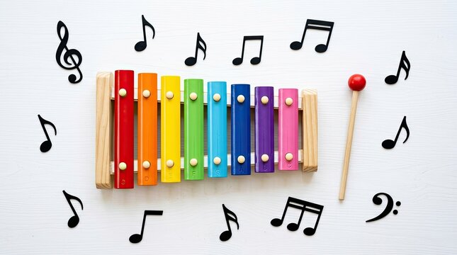 A xylophone rests on a white wooden surface. Colorful xylophone bars are arranged in a rainbow order.