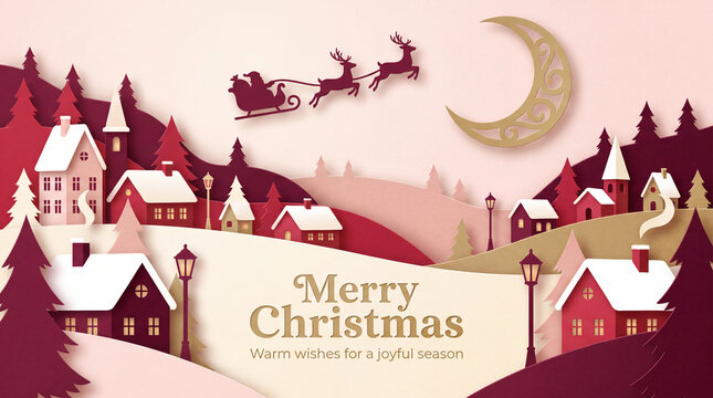 Illustrated Christmas card with snowy village scene, Santa's sleigh silhouette against moon and pink winter sky