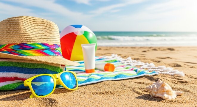 A straw sun hat, a colorful striped towel, sunglasses, sunscreen, a beach ball, and seashells are arranged on a sandy beach.