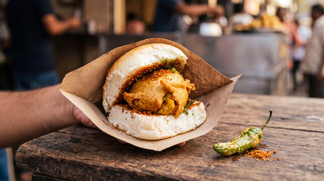Close-up of a hand holding a crispy fried chicken sandwich wrapped in paper, street food photography