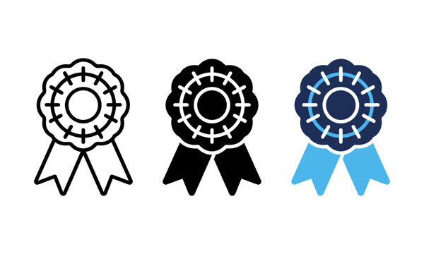 Quality award ribbon rosette badge set in blue and black color theme.