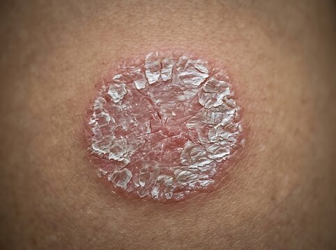 Close up view of a rough textured circular patch of skin showing signs of a dermatological condition