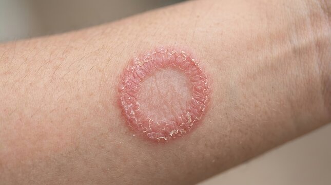Close up view of a red circular fungal skin infection known as ringworm on a human arm