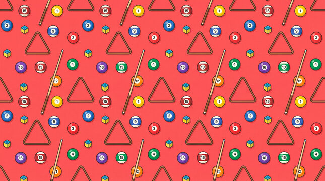 Red Billiard Ball and Pool Cue Repeating Pattern Background