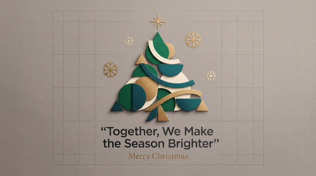 Minimalist illustrated Christmas tree design with "Together, We Make the Season Brighter" holiday greeting card message