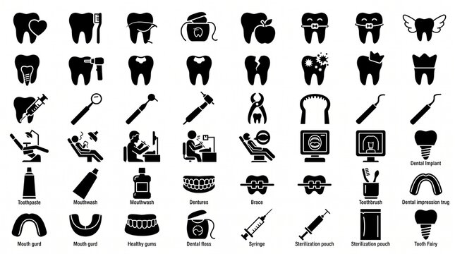 Dental care and dentistry vector icon set featuring teeth, braces, dental implant, toothbrush, toothpaste, mouthwash, and medical instruments isolated on white background.