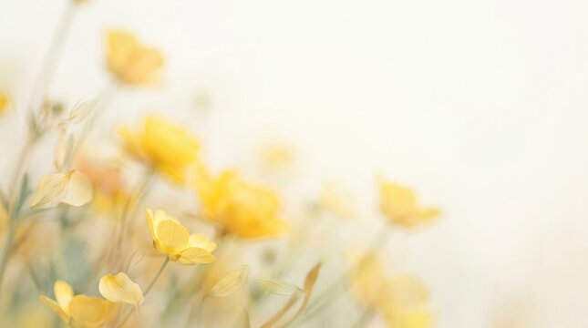 Soft yellow wildflowers gently sway in the breeze against a blurred white background. The delicate flowers create a dreamy and serene atmosphere.