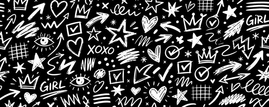 Hand Drawn Black and White Doodle Seamless Pattern with Hearts, Stars, Crowns, Arrows, Check Marks and Cute Scribble Elements