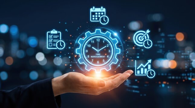 Time management with hand holding glowing hologram clock gear icon, business productivity planning schedule organization efficiency strategy, deadline control project management