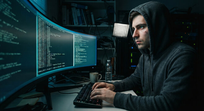 Focused young hacker or programmer wearing a hoodie typing on a keyboard in front of curved computer monitors displaying code