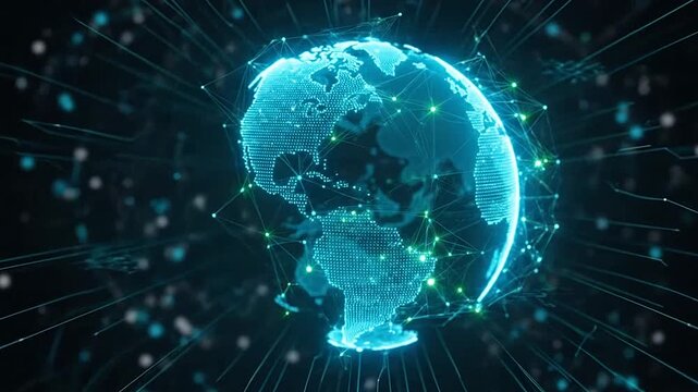 Digital globe hologram over blue circuit board pattern