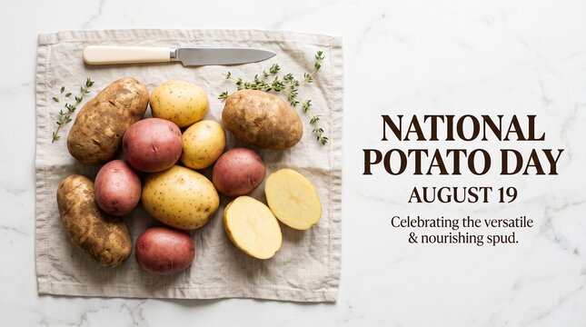 National Potato Day August 19 banner, variety of raw potatoes on linen cloth, fresh organic spuds with herbs for food holiday