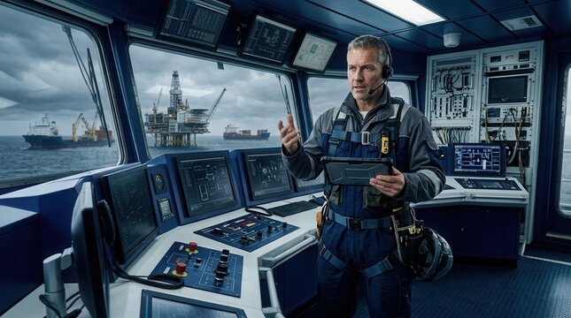 Offshore worker in control room overseeing oil rig operations on the sea, using digital tablet and communicating via headset