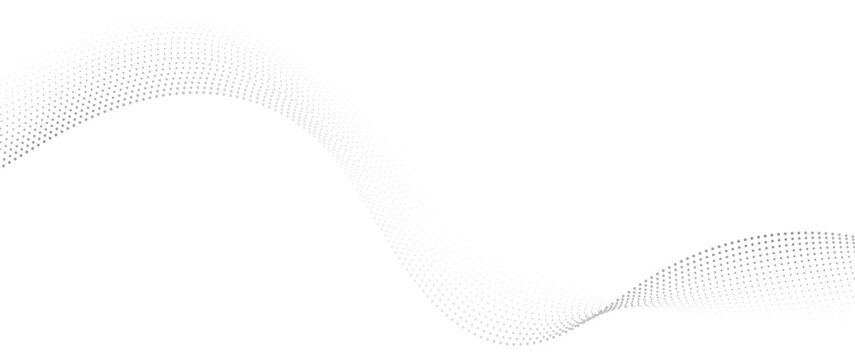 Minimalist white abstract background featuring a flowing gray halftone dotted wave for modern technology, science, or digital business templates.