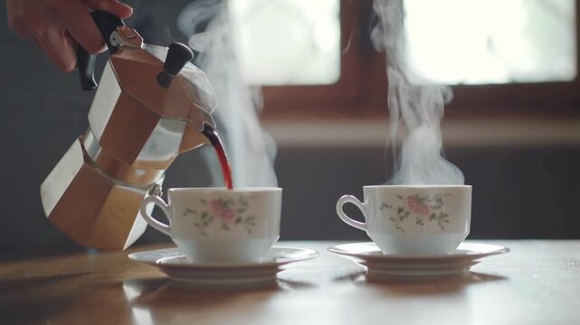 cup of coffeePouring Hot Coffee from Moka Pot into Two Cups with Steam