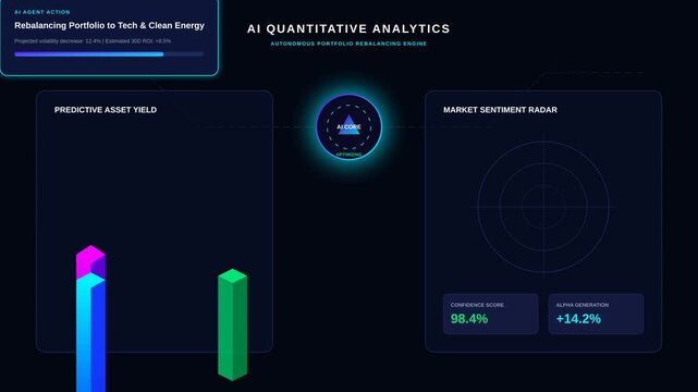 AI Quantitative Analytics Dashboard Displaying Portfolio Rebalancing and Market Sentiment Data