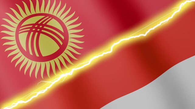 Two waving flags Kyrgyzstan and Indonesia with diagonal lightning seamless, 4k loop