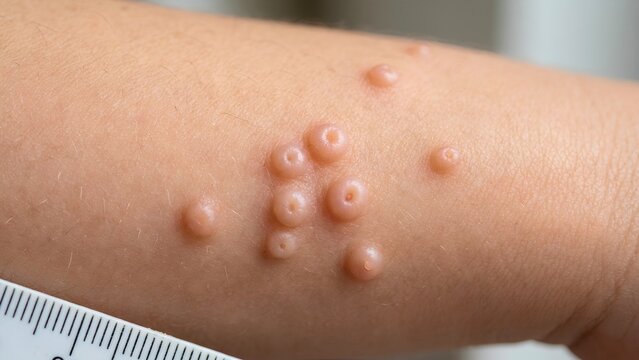 Molluscum contagiosum papules on human skin with ruler for scale