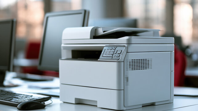 Modern office printer scanner copier on desk with computer monitor, keyboard, and bright workspace background, efficient and professional