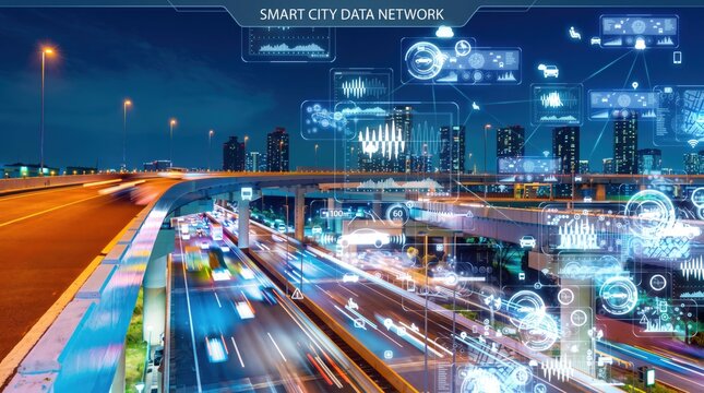 Smart city data network overlay on highway traffic at night, showing urban connectivity, internet of things and digital technology infrastructure concept
