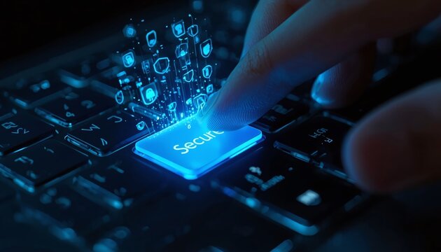 Macro Shot of Finger Pressing Glowing Blue secure Key on Computer Keyboard