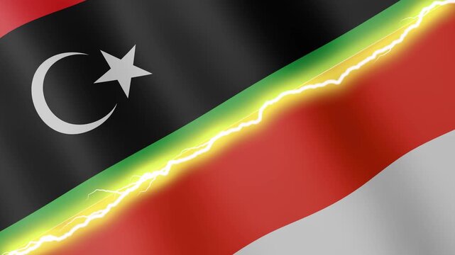 Two waving flags Libya and Indonesia with diagonal lightning seamless, 4k loop
