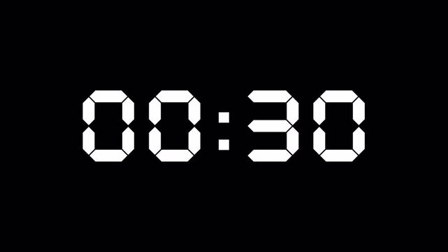 5 Seconds Countdown To Zero Second With Digital Clock Time. White text number on Transparent background. Element for overlay concept. 4K footage motion video