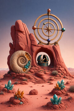 Surreal desert observatory among crystals and ancient fossil