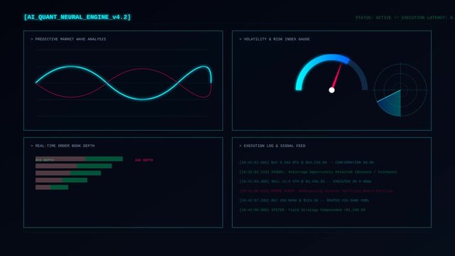 Futuristic Artificial Intelligence Neural Engine Trading Interface Monitoring Financial Market Data