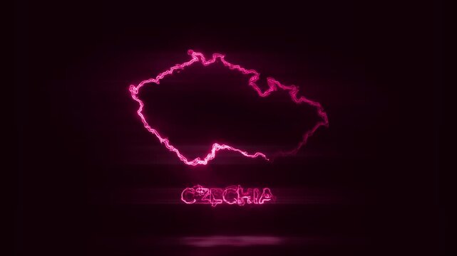 Neon Glowing Czechia Map Outline Motion Video Cyberpunk LED Country Border Loop Graphic