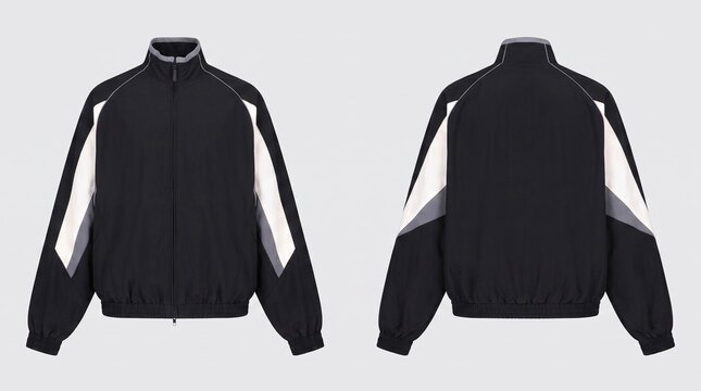 Black Sporty Track Jacket with White and Grey Contrast Panels Front and Back View Product Mockup