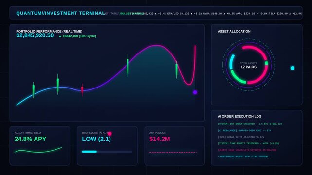 Futuristic Financial Investment Dashboard Interface Showing Real Time Automated Trading Data Analytics