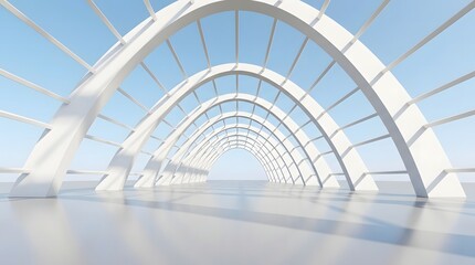 Fototapeta premium A symmetrical architectural tunnel composed of repeating white arched ribs and horizontal beams, creating a long perspective view leading to a bright, clear blue sky at the end of the corridor