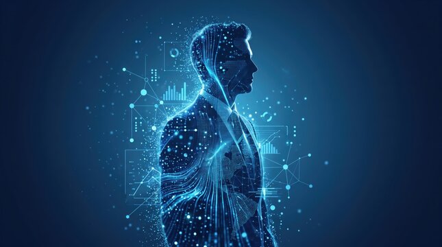 Digital human silhouette profile made of particles and data lines, artificial intelligence concept, biometric identification and cyber security technology abstract background
