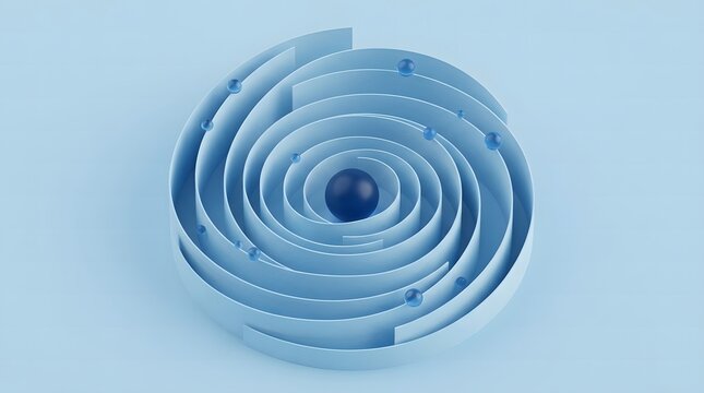A3d rendered spiral maze structure in light blue with a dark blue sphere at the center and several small spheres rolling along the curved paper-like walls on a solid light blue background surface