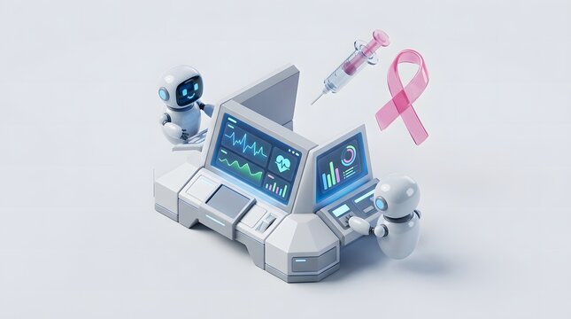 AI medical robots operating a futuristic healthcare console with a pink ribbon for breast cancer awareness and a syringe