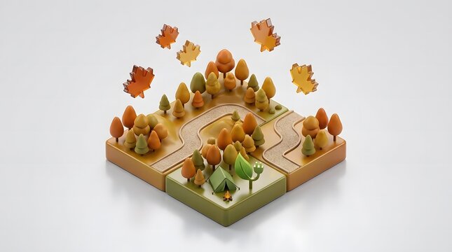 Isometric 3D illustration of sustainable autumn travel with eco-friendly camping and green energy symbols in a forest landscape