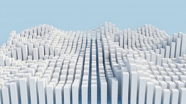An abstract 3d landscape of white rectangular pillars of varying heights arranged in a grid, creating a wave-like terrain against a solid light blue background, representing data visualization or
