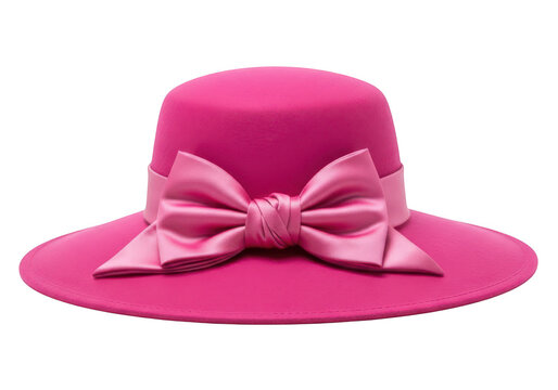 Bright pink felt fedora hat with a large matching satin ribbon bow detail isolated on a plain white background, for fashion accessories isolated on a transparent background