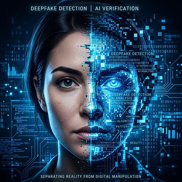 Deepfake detection concept with woman face split between reality and digital manipulation through ai analysis overlays.