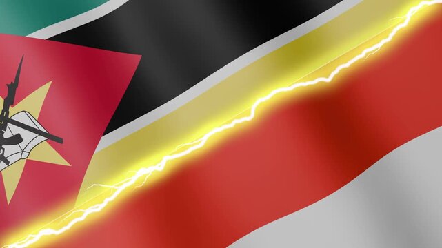 Two waving flags Mozambique and Indonesia with diagonal lightning seamless, 4k loop