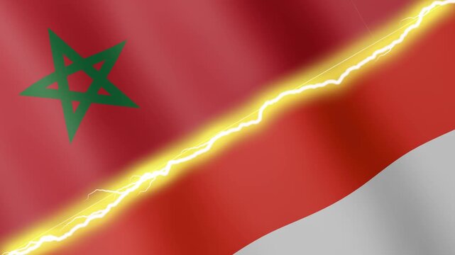 Two waving flags Morocco and Indonesia with diagonal lightning seamless, 4k loop