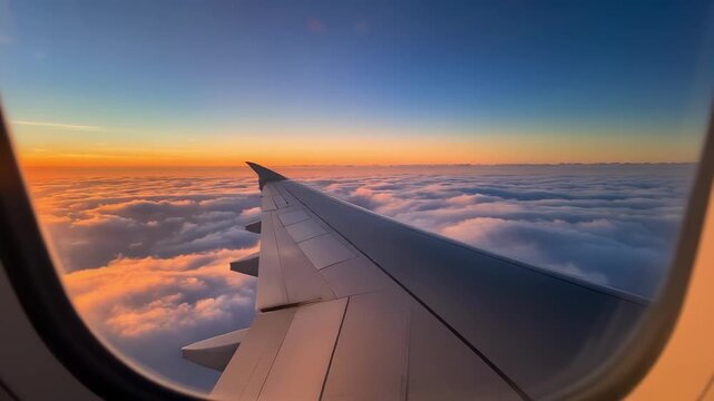 aerial view of airplane flying through colorful sky at sunset