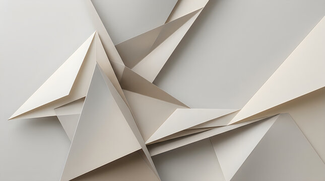 Minimalist abstract geometric composition with folded white paper structures. Low poly 3D architectural shapes design concept, light beige polygon background.