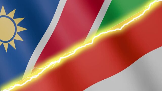 Two waving flags Namibia and Indonesia with diagonal lightning seamless, 4k loop